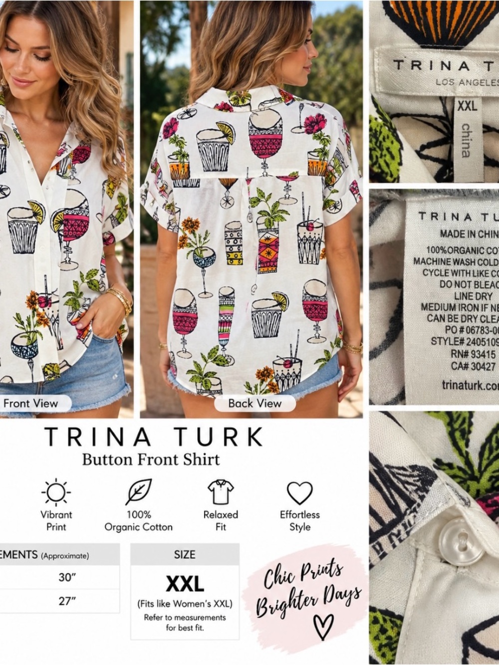 Trina Turk White Cocktail Print Button-Front Shirt